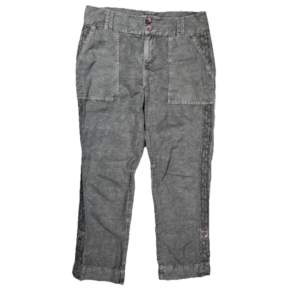 Sundance Women's Petite‎ Gray Organia Linen Blend Pants Sz 6P Lace Trim Bohemian